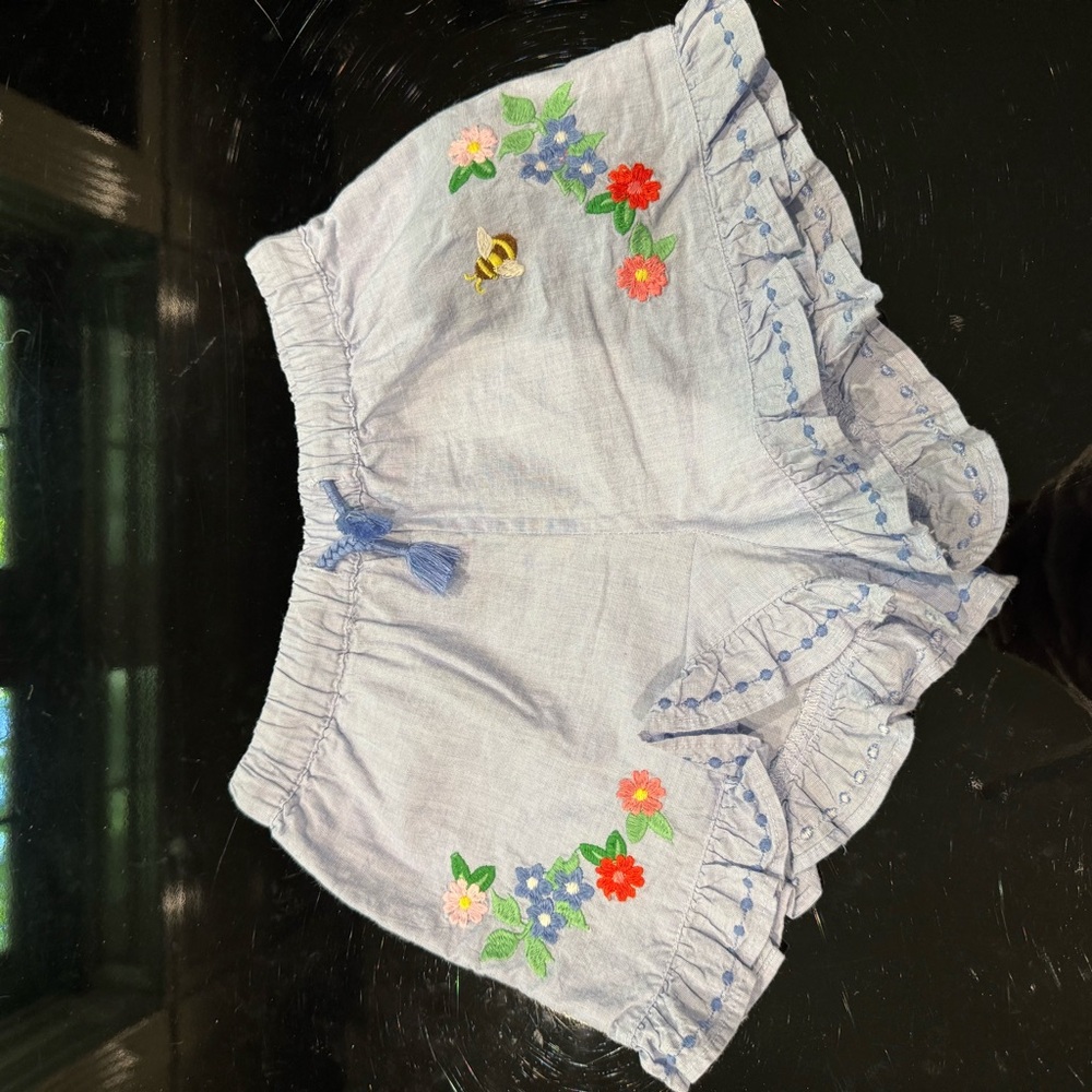 Light Blue Embroidered Ruffle Girls’ Shorts